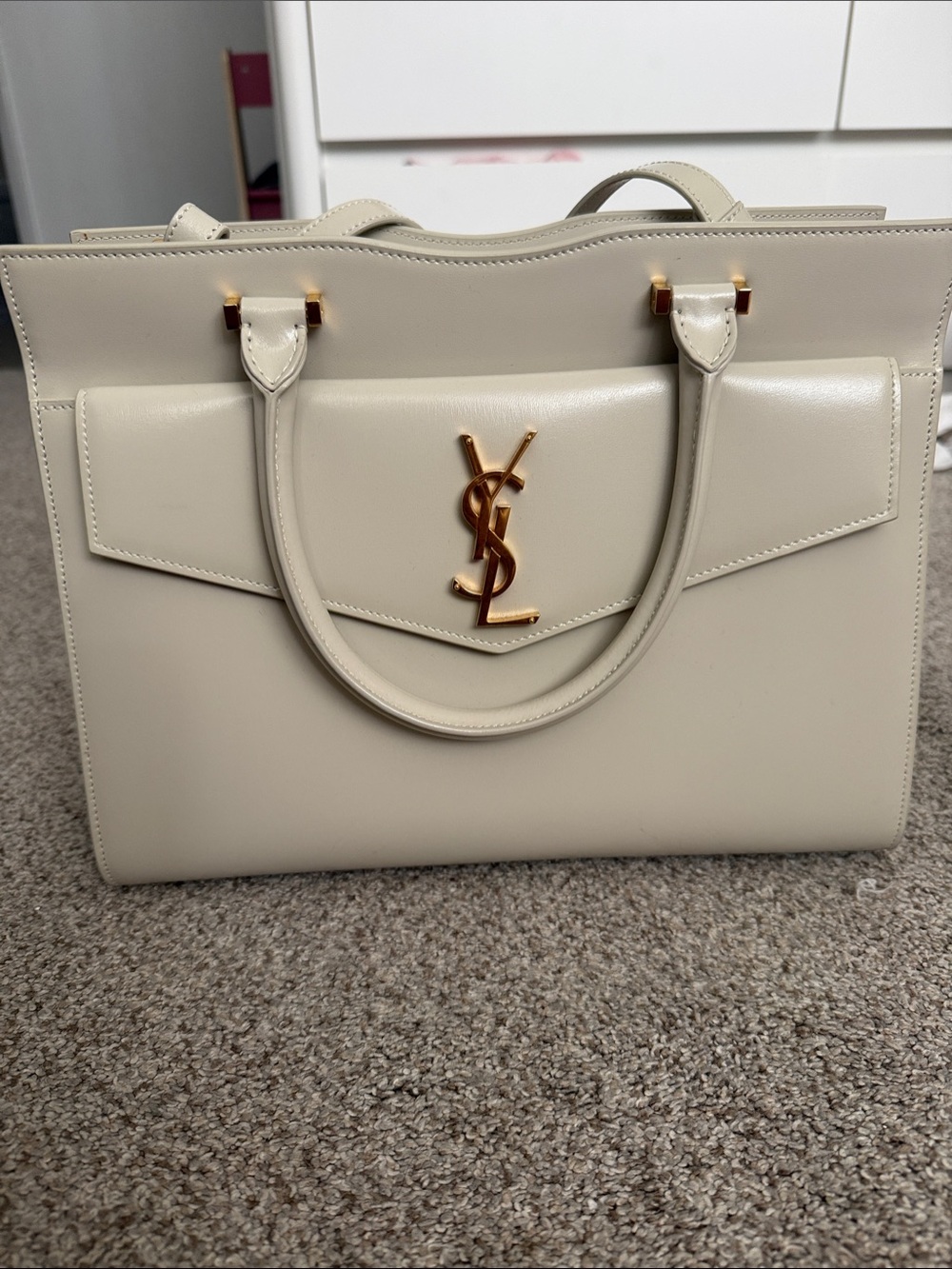 Saint Laurent Medium Uptown Tote off-white Leather w Gold YSL hardware & pouch